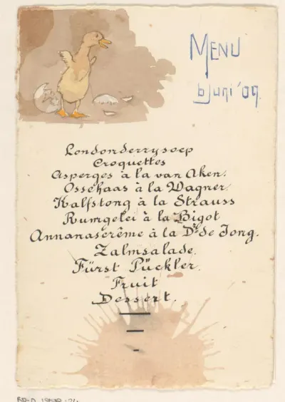 Menukaart voor een diner op 6 juni 1909