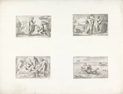 Mercurius geeft een lier aan Apollo / Juno wijst Diana op de in een beer veranderde Callisto / Hercules bevrijdt Prometheus / Arion door een dolfijn in veiligheid gebracht