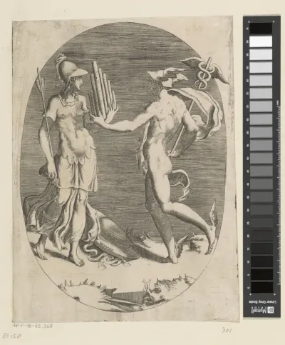 Mercurius geeft Minerva een panfluit