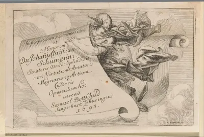 Mercurius met banderol met opdracht aan Johann Christian Schumann