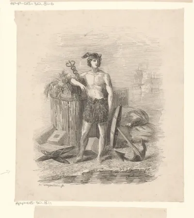 Mercurius met een aantal allegorische objecten uit de handel