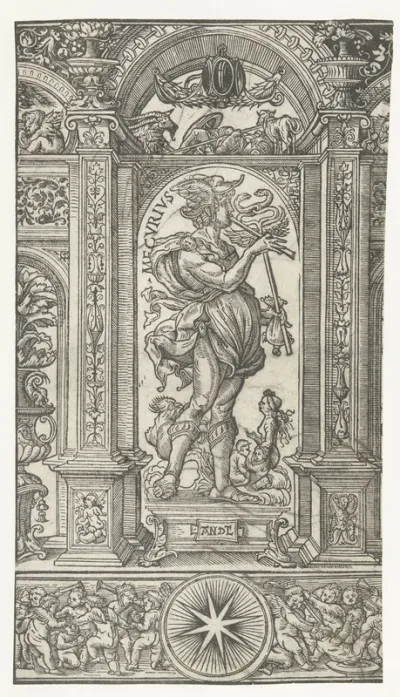 Mercurius met sterrenbeelden Maagd en Tweelingen in een architecturale omlijsting