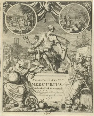 Mercurius overhandigt Scheepvaart een opgerolde kaart
