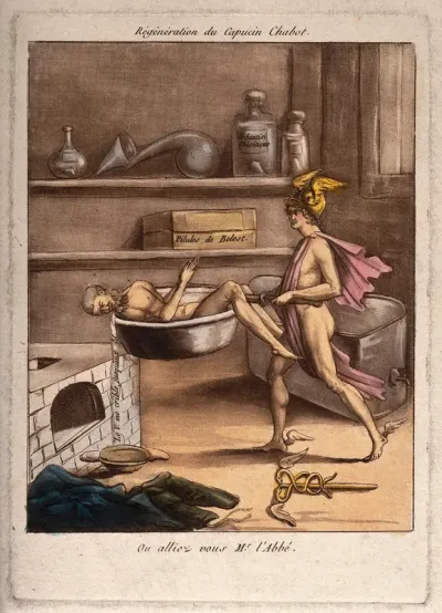 Mercury, an agent of the Terror, carries Capucin Chabot naked towards a furnace; recording the turnover of human life during the Terror in the French Revolution