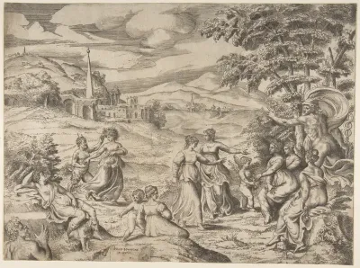 Mercury at the right telling the story of Pan and Syrinx