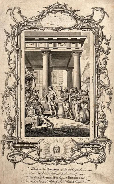 Mercury [Hermes] as god of trade presenting the continents to Britannia