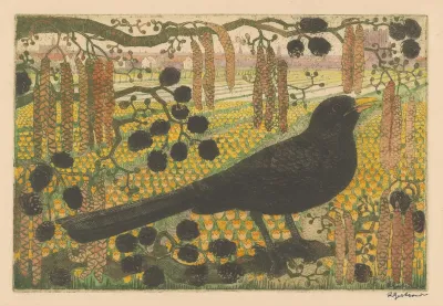 Merel in een boom bij een tulpenveld