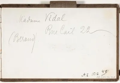Merk. teksti: Madame Vidal / [epäselvä sana] Rue Cail 22