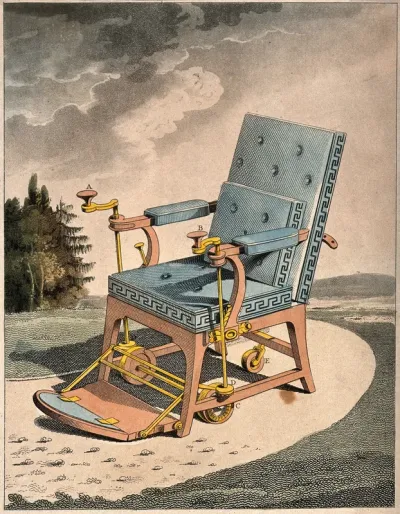 Merlin's mechanical chair for the elderly or infirm: the design incorporates hand-cranks, wheels, gears and an adjustable back and footrest