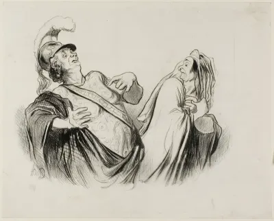 Merope. “A soldier of my stature is quite able to run the state once defended with so much fun,” plate 2 from Physionomies Tragiques (recto); Provost. (dans le Puff - Thtre Français) "Le Puff, est l'art de semer et de faire èclore á son profit la cho