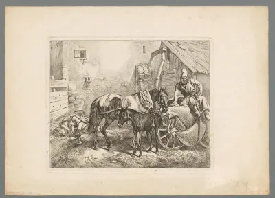 Merrie met veulen en twee rustende mannen