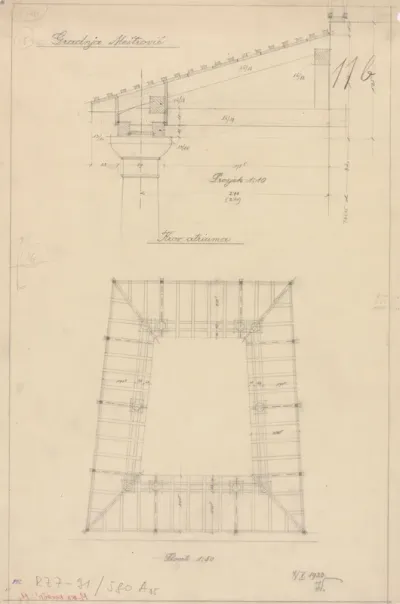 Meštrovićev atelijer (Ivan Meštrović), tlocrt/detalj stupa s krovištem/atrij