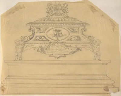 Metal Casket Supported by Putti, inscribed with Crowned Initials B.C., and Topped with Dragons