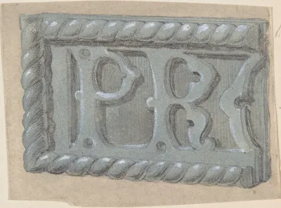 Metal object, with initials "PR", for a church