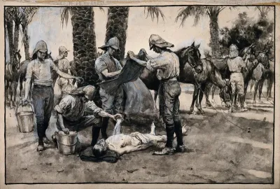 Metemma, Ethiopia: soldiers treating a trooper with severe sunstroke