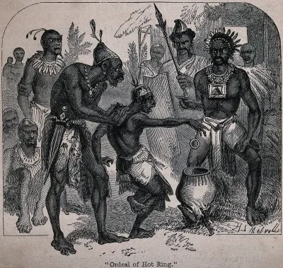 Methods of torture in Africa: a man is forced to catch a very hot iron ring with his bare hands above a cauldron over a fire