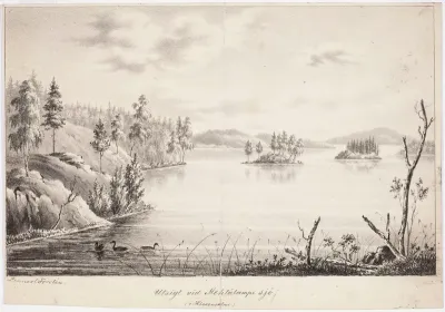 Metsälampi Lake in Hirvensalmi, original drawing for Finland Depicted in Drawings