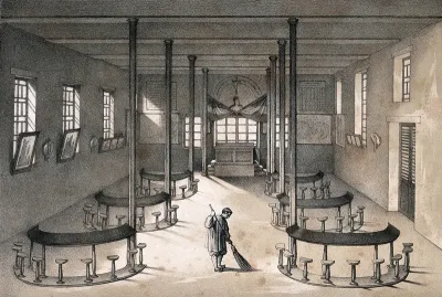 Mettray penal colony, Mettray, France: a classrom for inmates of the penal colony, with a man sweeping the floor