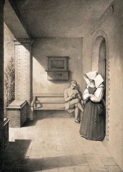 Mettray penal colony, Mettray, France: a cloister with a young man sitting on a bench reading and a nun, in a place where stolen objects can be anonymously returned