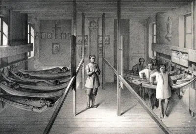 Mettray penal colony, Mettray, France: a dormitory for inmates of the penal colony, who climb into their hammocks