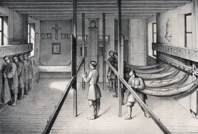 Mettray penal colony, Mettray, France: a dormitory for inmates of the penal colony, who operate the system for setting up their hammocks and putting them away