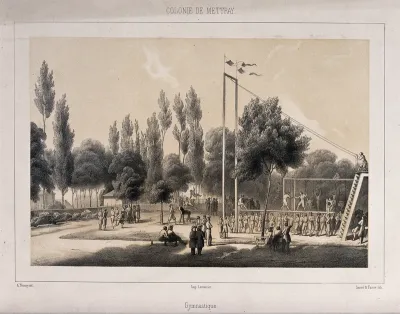 Mettray penal colony, Mettray, France: a large area in a park set up for gymnastics and other sports to take place