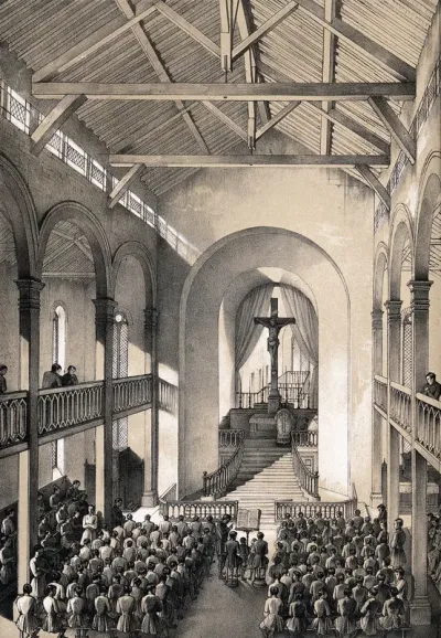 Mettray penal colony, Mettray, France: a service in the chapel, seen from the gallery