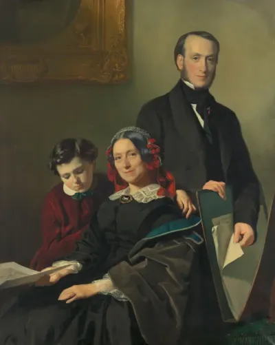 Mevrouw A.J. Schmidt-Keiser, weduwe van de schilder Willem Hendrik Schmidt (1809-49), de leermeester van Jacob Spoel, met haar broer J.N. Keiser en haar tienjarig zoontje
