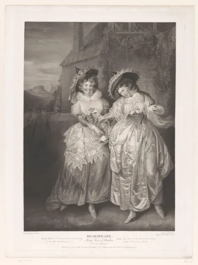 Mevrouw Ford en mevrouw Page met de liefdesbrief van John Falstaff