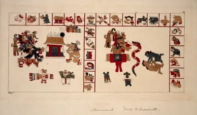 Mexico: a sheet of an Aztec document showing a serpent with other divinatory figures