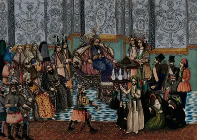 Mezed, the 7th Caliph of Arabia, in his court, watching Shamar raising his sword at the Imam