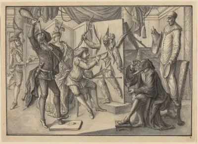 Mezzetin "Paints" a Portrait of Cupid by Cutting the Canvas to Reveal Harlequin