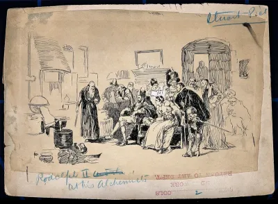 Michael Sendivogius (Sędziwój), the alchemist, demonstrating the art in the court of Rudolf II
