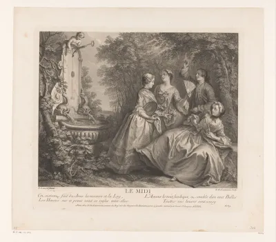 Middag: drie vrouwen met waaiers en een man bij een fontein