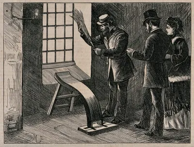 Middlesex House of Correction: a man is holding a birch in his hand as he stands over a shaped wooden plank set near a window for flogging boys; a man and a woman look on