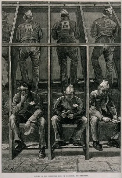 Middlesex House of Correction: male prisoners treading on the boards of a treadmill: in the foreground others sit resting