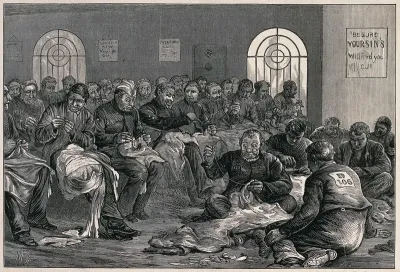 Middlesex House of Correction: prisoners are sitting in a room sewing large pieces of cloth