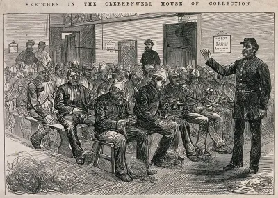 Middlesex House of Correction: prisoners sitting on long benches untangling bundles of twine (picking oakum); a guard raises his hand