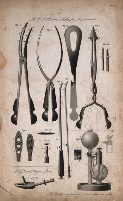 Midwifery and other instruments, including forceps and a lamp