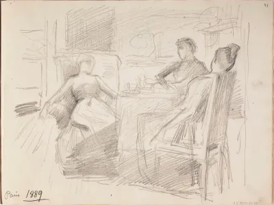 Mies ja kaksi naista pöydän ympärillä. Merkitty: Paris 1889
