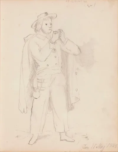 Mies käsissään pikkulintu. Merkitty: Den 11 Maj 1864