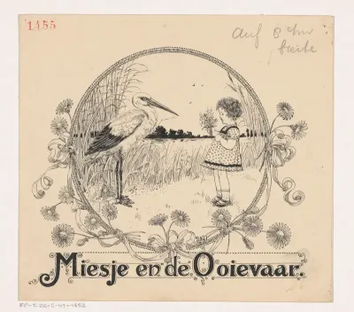 Miesje brengt een bos bloemen naar een ooievaar