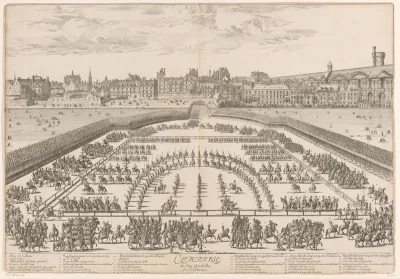 Militaire parade met Lodewijk XIV in amfitheater