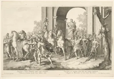 Militaire stoet met Alexander de Grote op triomfwagen