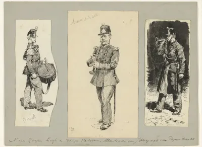 Militairen met een trommel en blaasinstrumenten