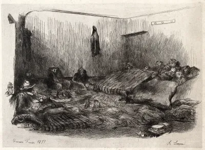 Military men settling down for the night in a squalid barrack at Gonesse during the Franco-Prussian war