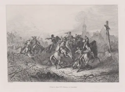 Military scene with a cross at right