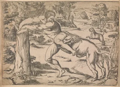 Milo of Croton. Woodcut by N. Boldrini after G.A. Pordenone
