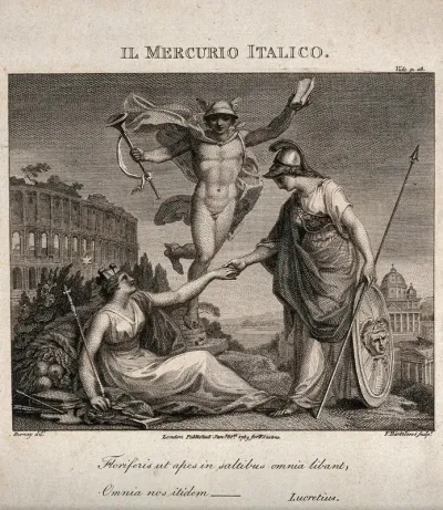 Minerva, as goddess of the arts, shaking hands with Italia; behind them Mercury, the messenger god