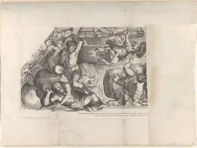 Minerva depicted at top with a shield and arrow vanquishing the Giants below, from "Barberinae aulae fornix"